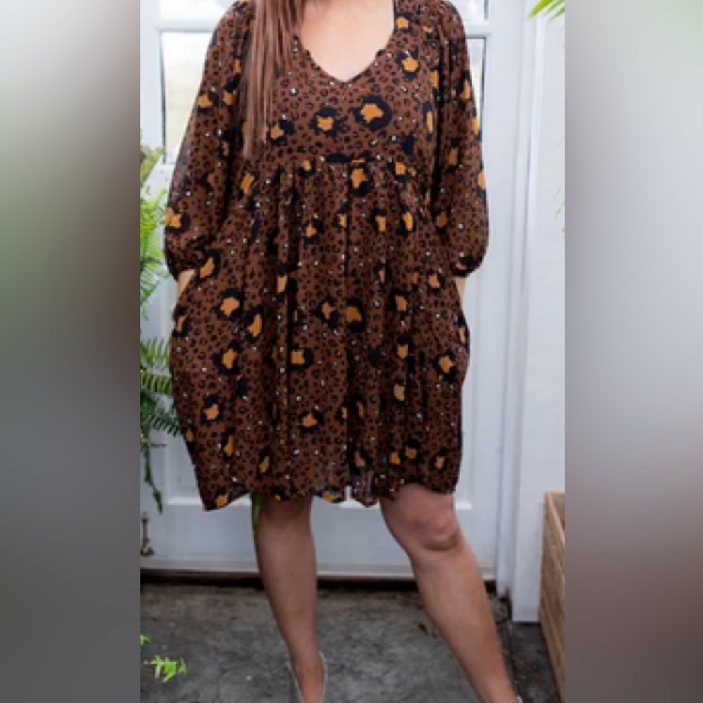 Umgee Brown Leopard Print Floral Babydoll Dress